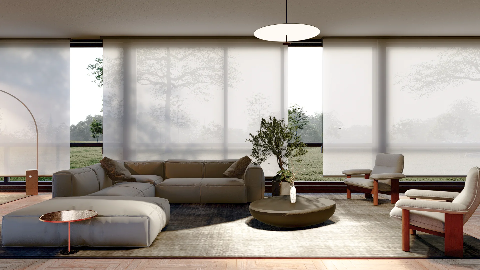 Cabin House living room: low sofa and lounge chairs before a wall of sheer blinds, trees beyond.