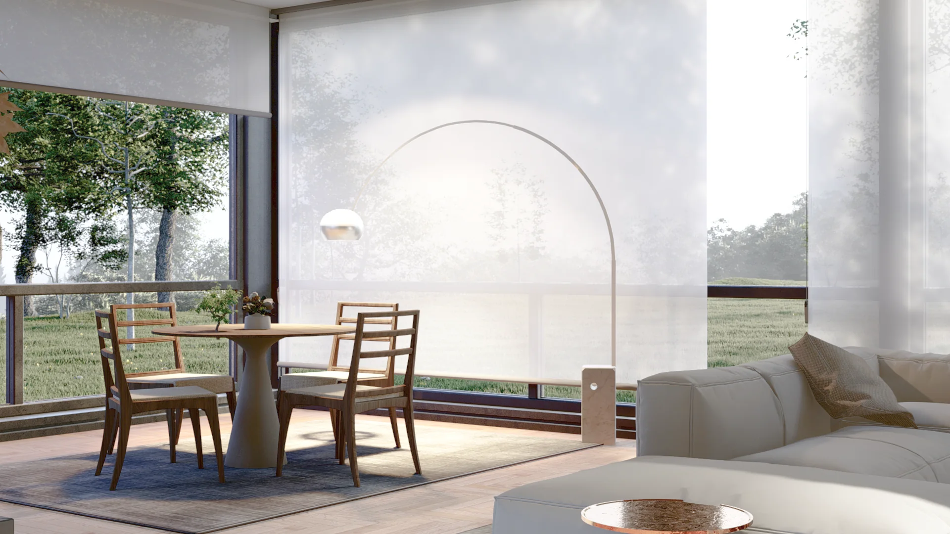 Cabin House dining area designed by Suiiel: a round table and timber chairs under an arc lamp, with glazing onto trees.
