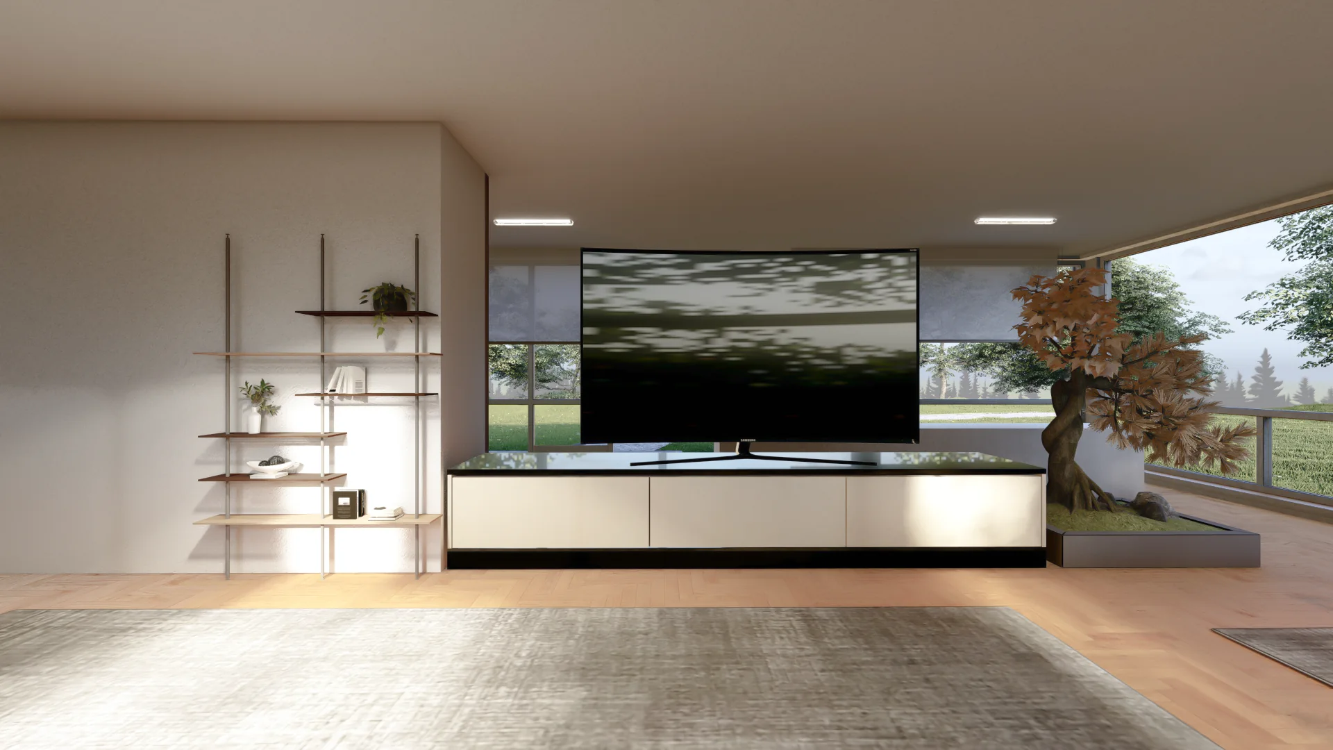 Cabin House media wall: curved screen above a low white cabinet, open shelving and a bonsai beside the glazing.