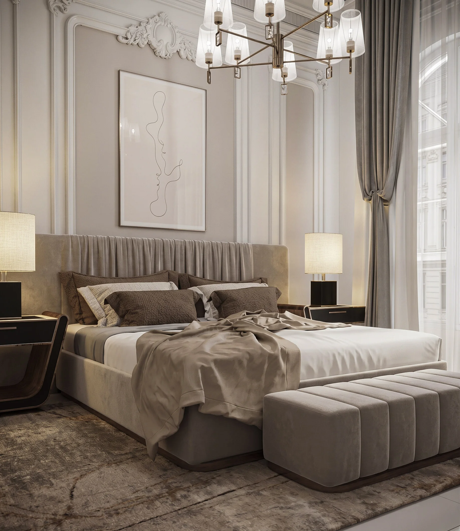Classical Bedroom: velvet bed with a pleated headboard and black-shaded lamps beside tall draped windows.