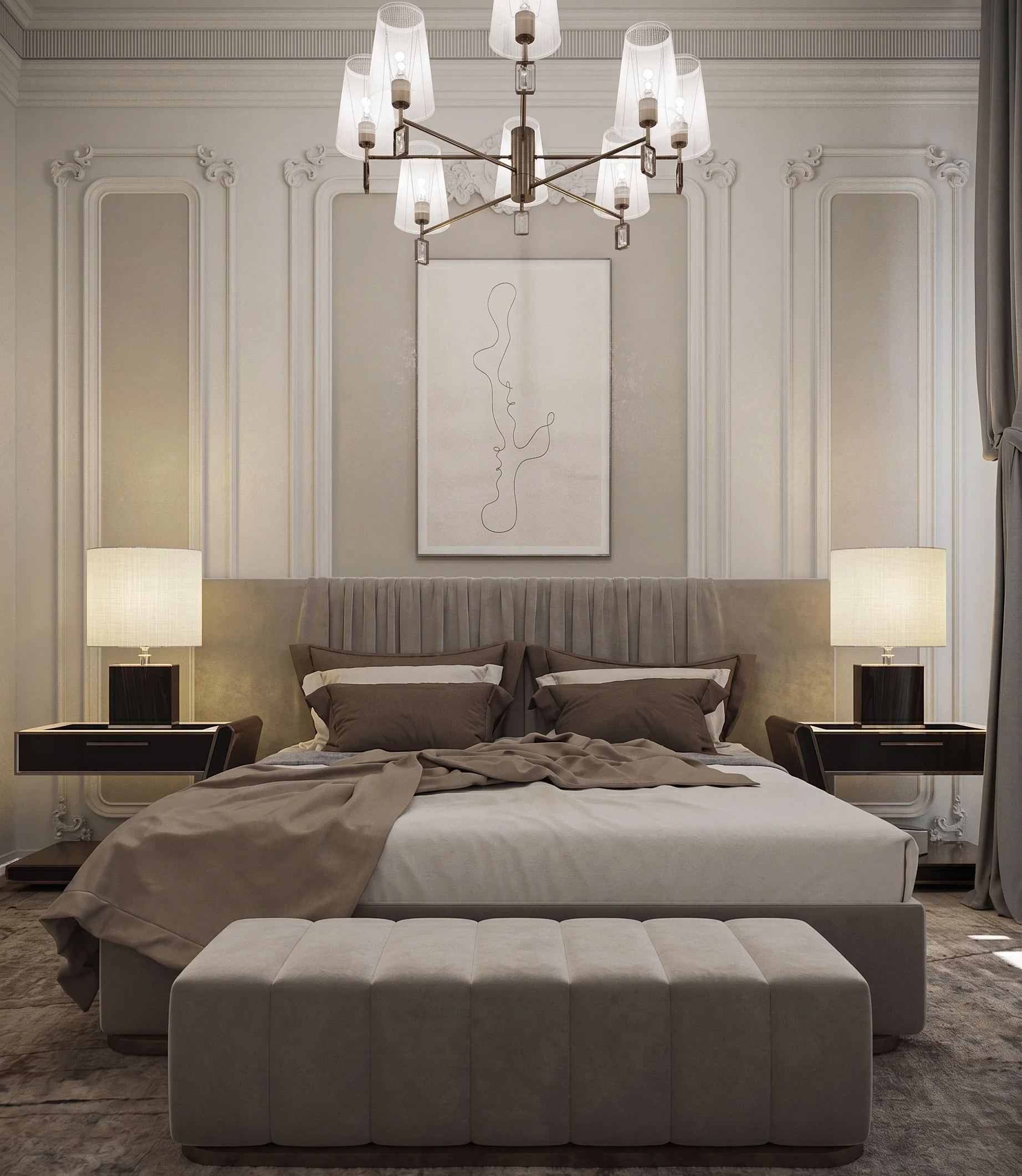 Classical Bedroom: pleated headboard and channelled bench centred beneath a chandelier, plaster mouldings framing the wall.