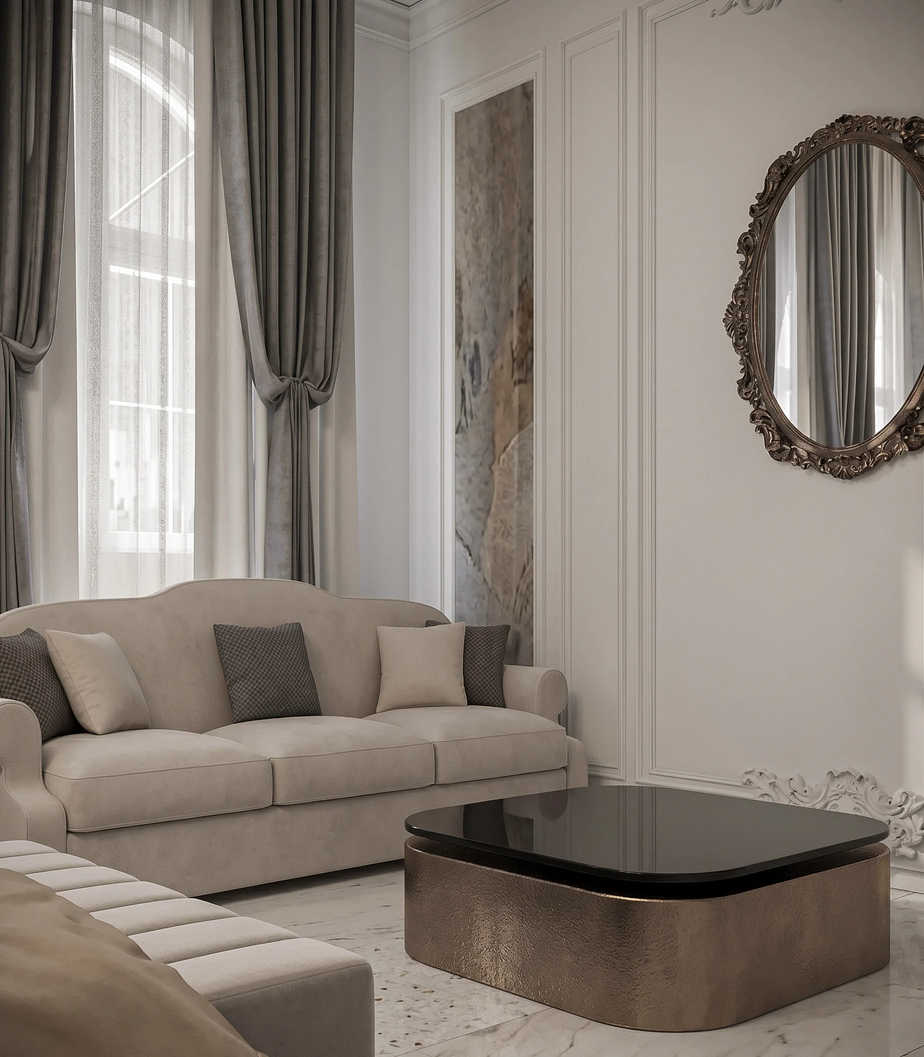 Classical Bedroom sitting area: curved upholstered sofa and a hammered bronze table beneath an ornate oval mirror.