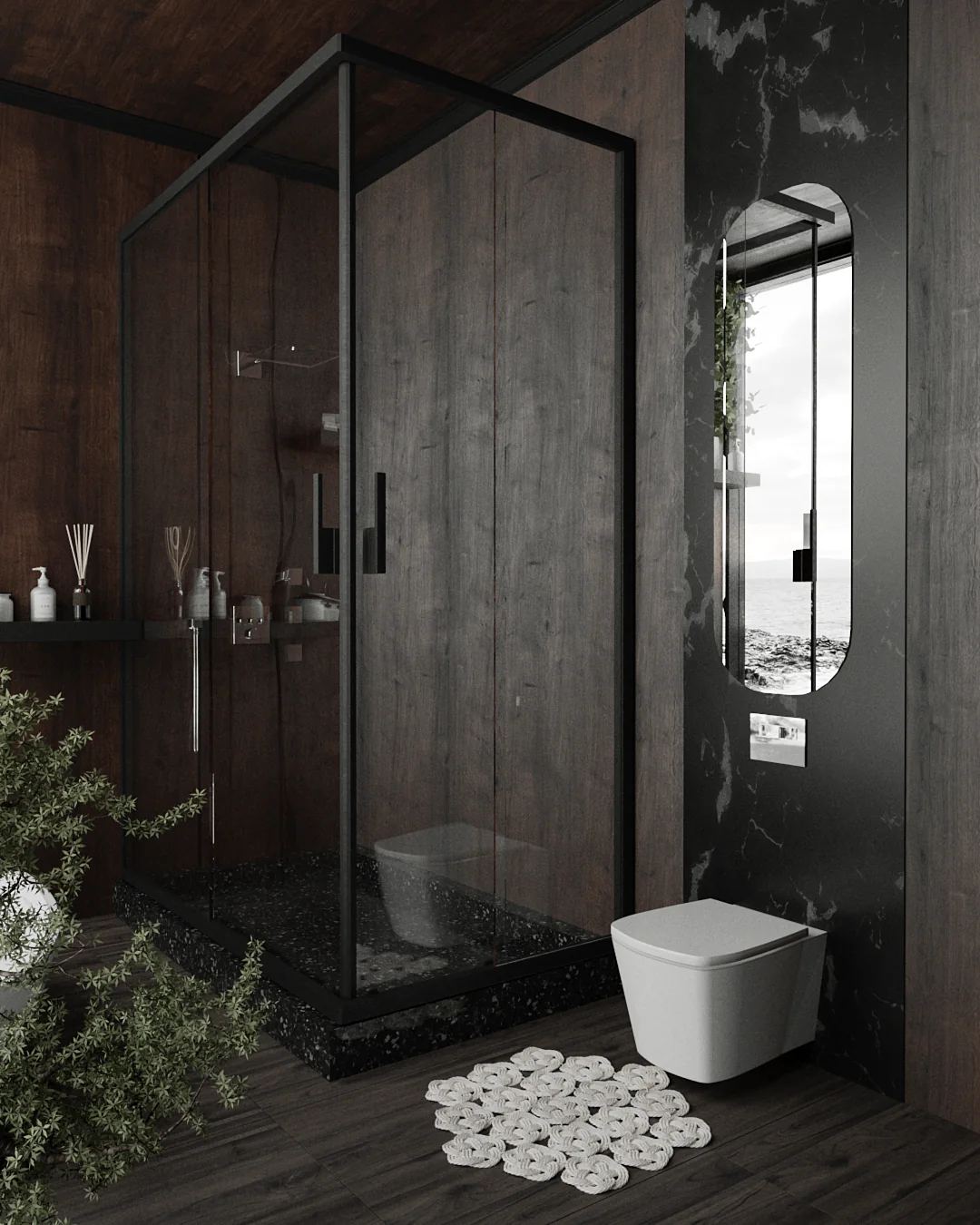 Coastal Noir bathroom: black-framed shower against dark timber, a pill mirror set into black marble.