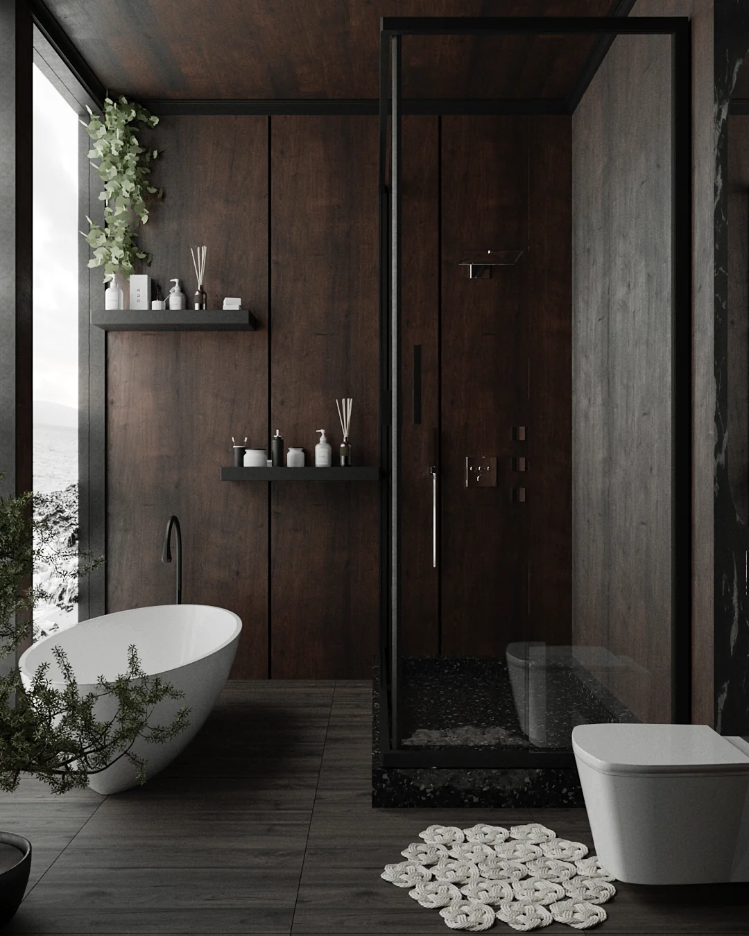 Coastal Noir bathroom: black-framed glass shower and floating shelves against dark timber, the bath beside the window.
