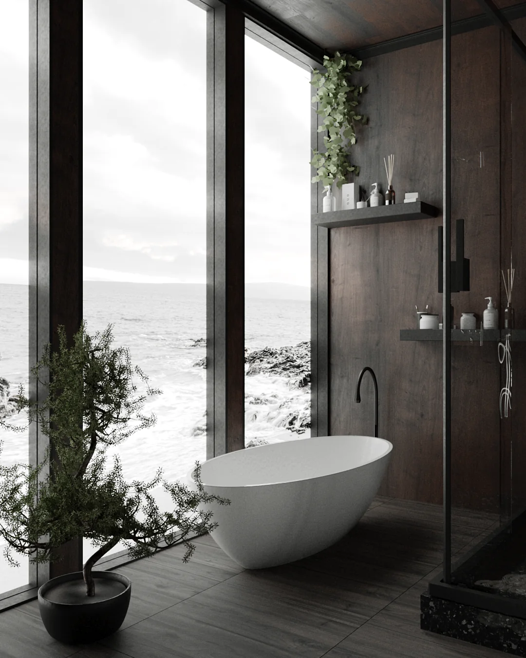 Coastal Noir bathroom: freestanding white bath before a full-height window onto a rocky shoreline, dark timber walls.
