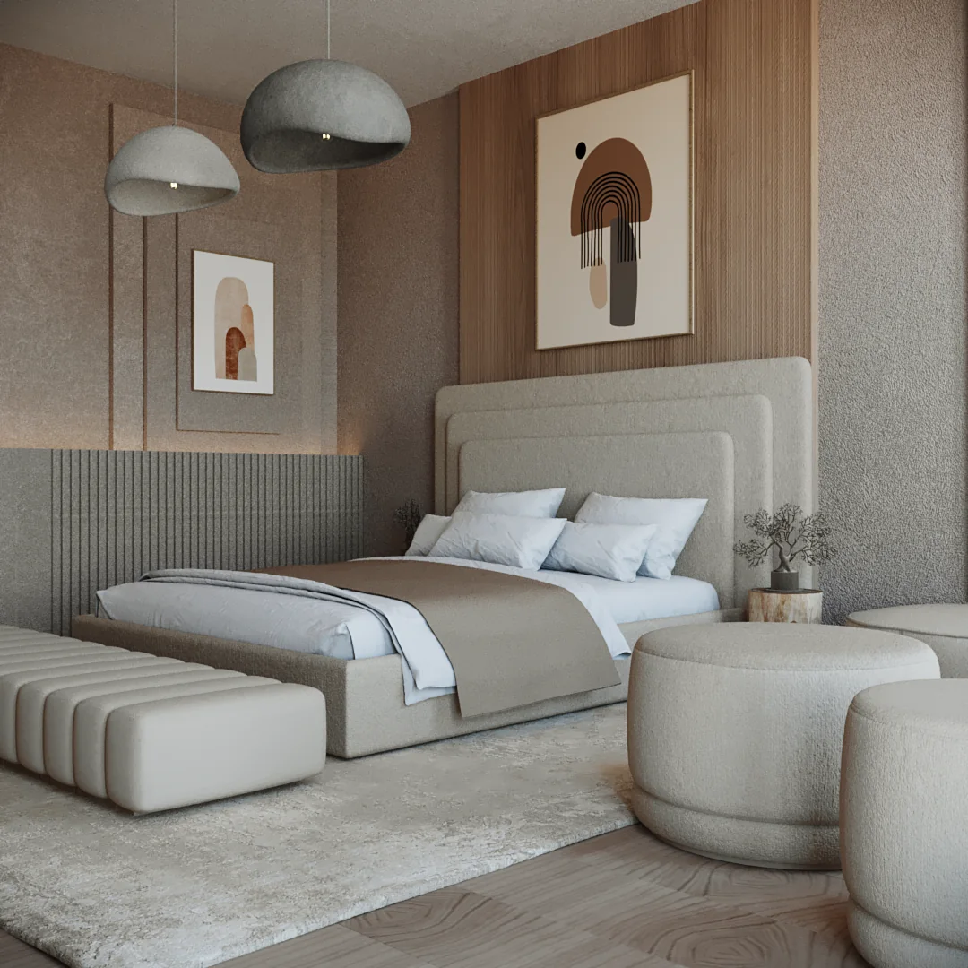 Cozy Bedroom: tiered upholstered headboard, channelled bench and round poufs under two plaster pendants.