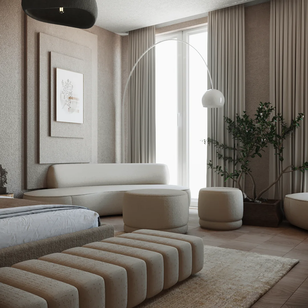 Cozy Bedroom sitting area: curved sofa, poufs and an arc lamp before full-height curtains.