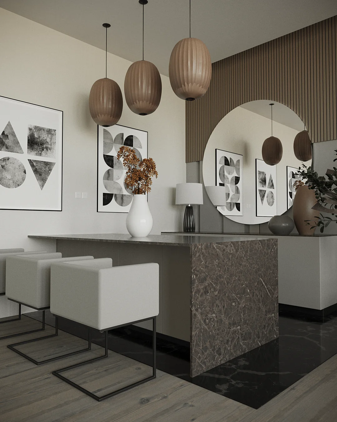 Earthy Abode kitchen bar: dark marble counter and white upholstered stools under three ribbed pendants, a round mirror beyond.