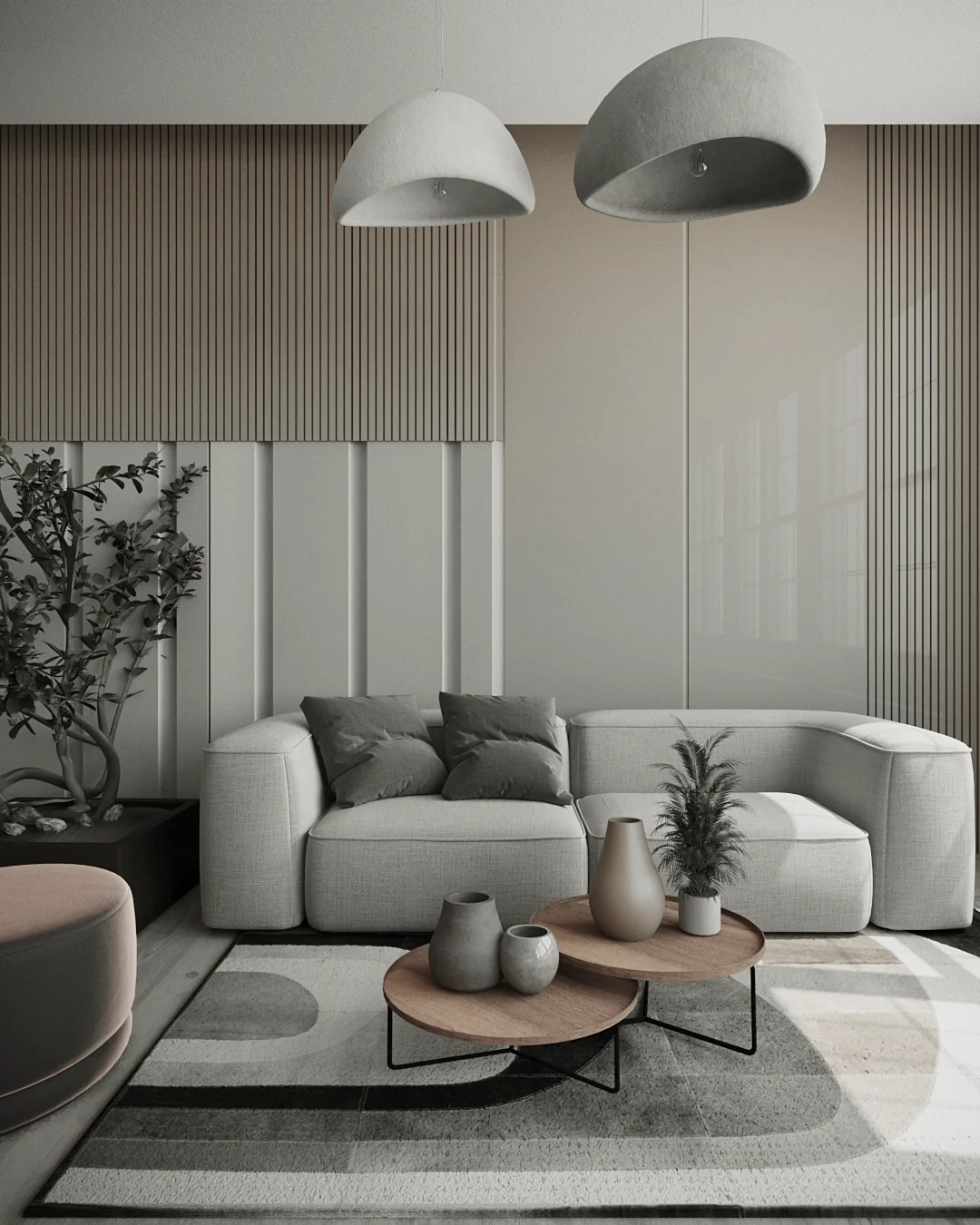 Earthy Abode living room: pale modular sofa under two plaster pendants, fluted wall panels behind.