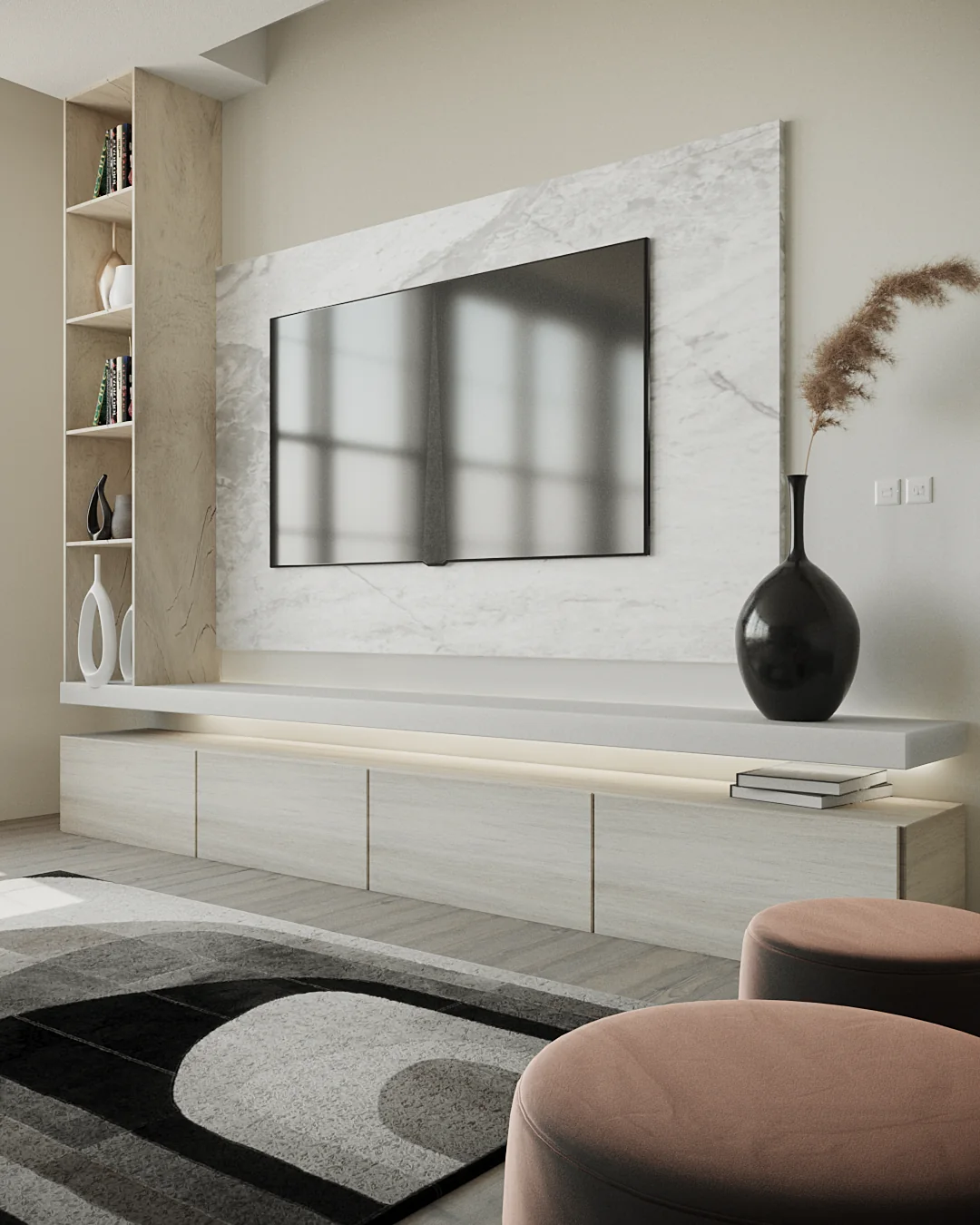 Earthy Abode media wall: marble panel and floating oak cabinet beside a recessed bookcase, terracotta poufs in front.