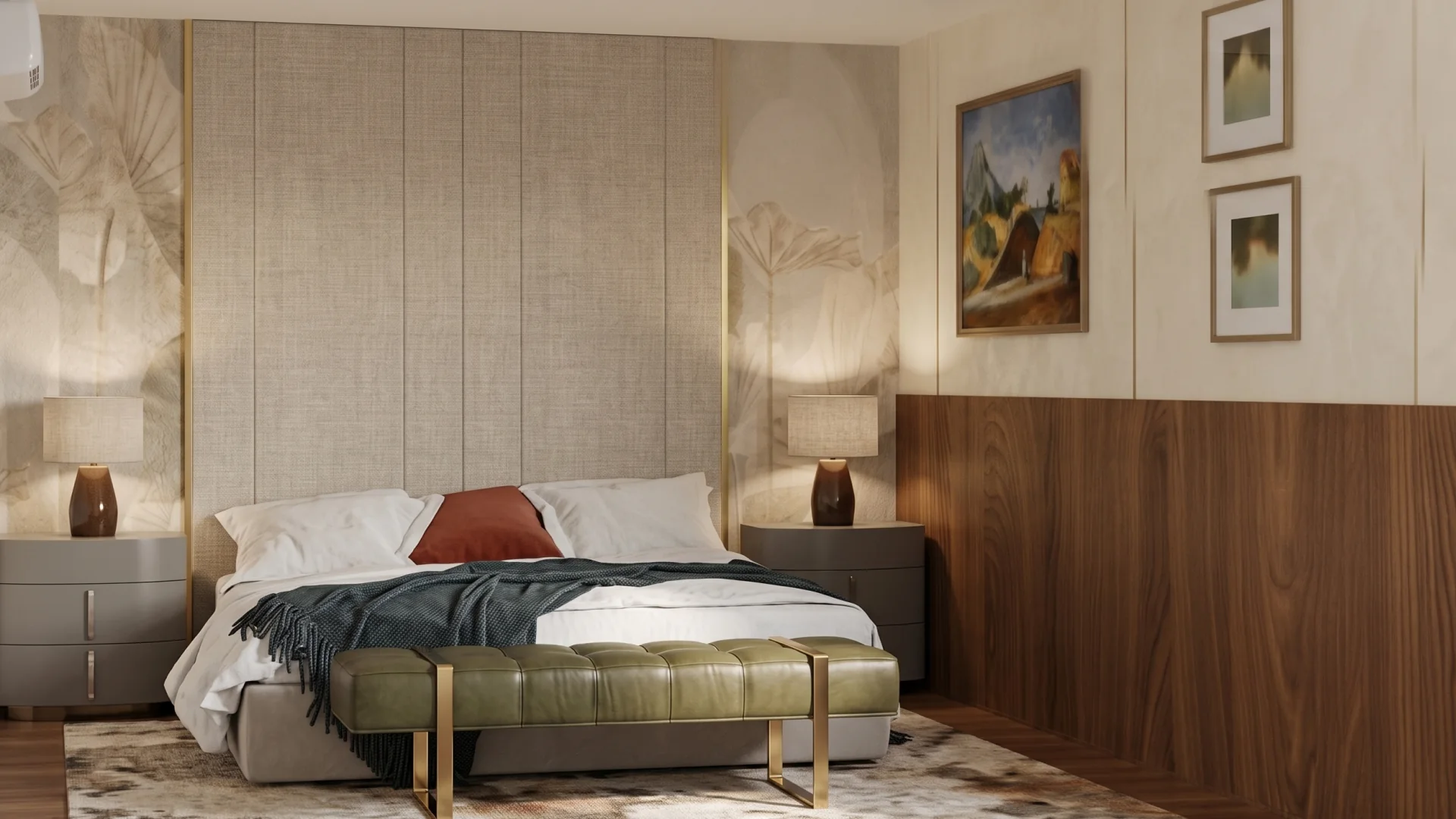 Modern Home bedroom: green channelled bench at the foot of the bed, walnut wainscot and botanical wallpaper.
