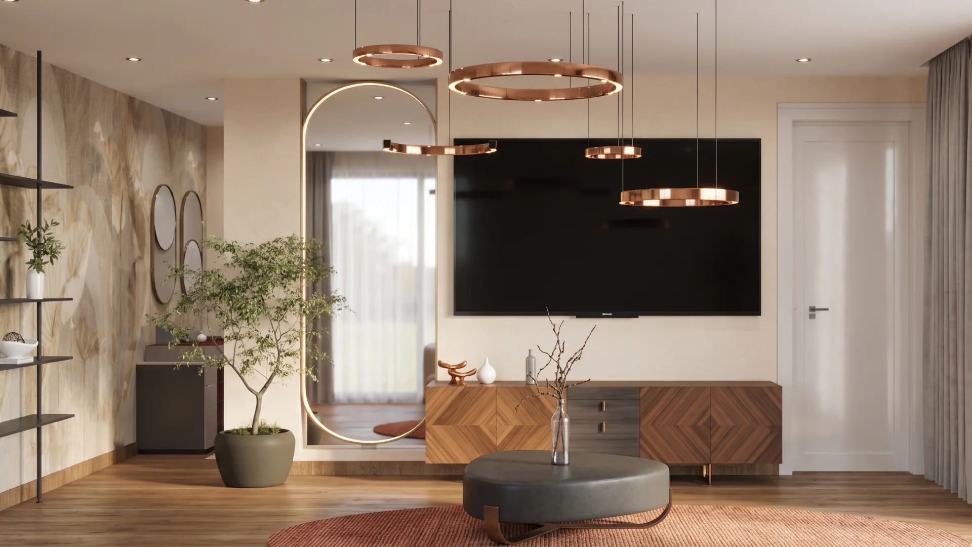 Modern Home living room: copper ring pendants above a round dark coffee table, walnut sideboard and a tall plant.