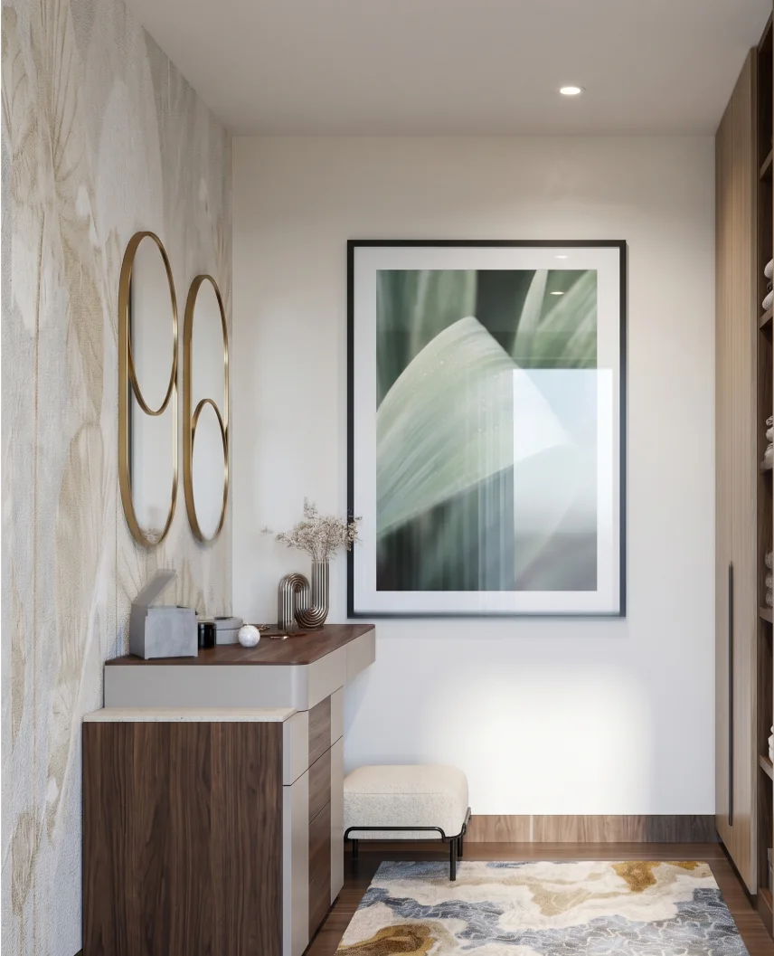 Modern Home dressing area: walnut vanity and stool beneath a framed botanical print and twin round mirrors.
