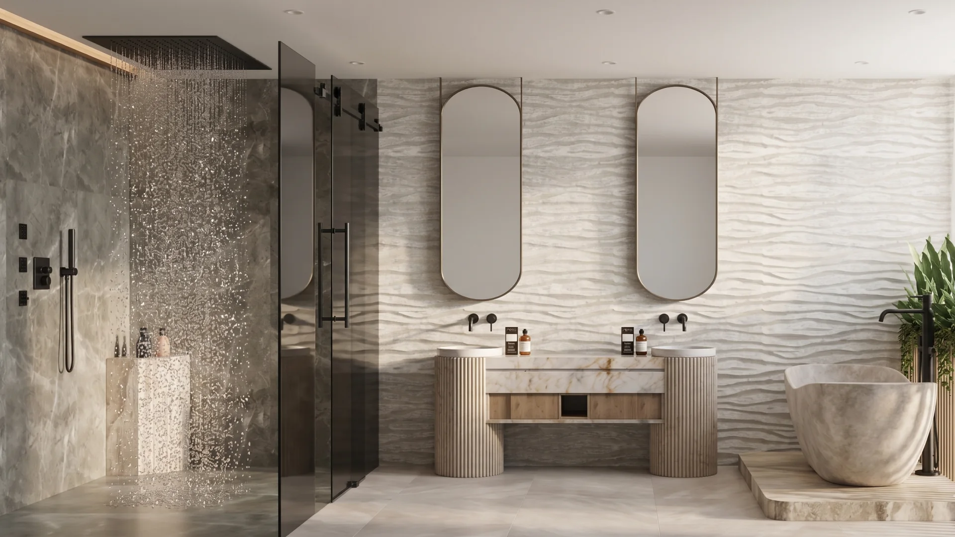 Modern Home bathroom: twin fluted pedestal basins and pill mirrors on a sculpted stone wall, rain shower and carved stone bath either side.