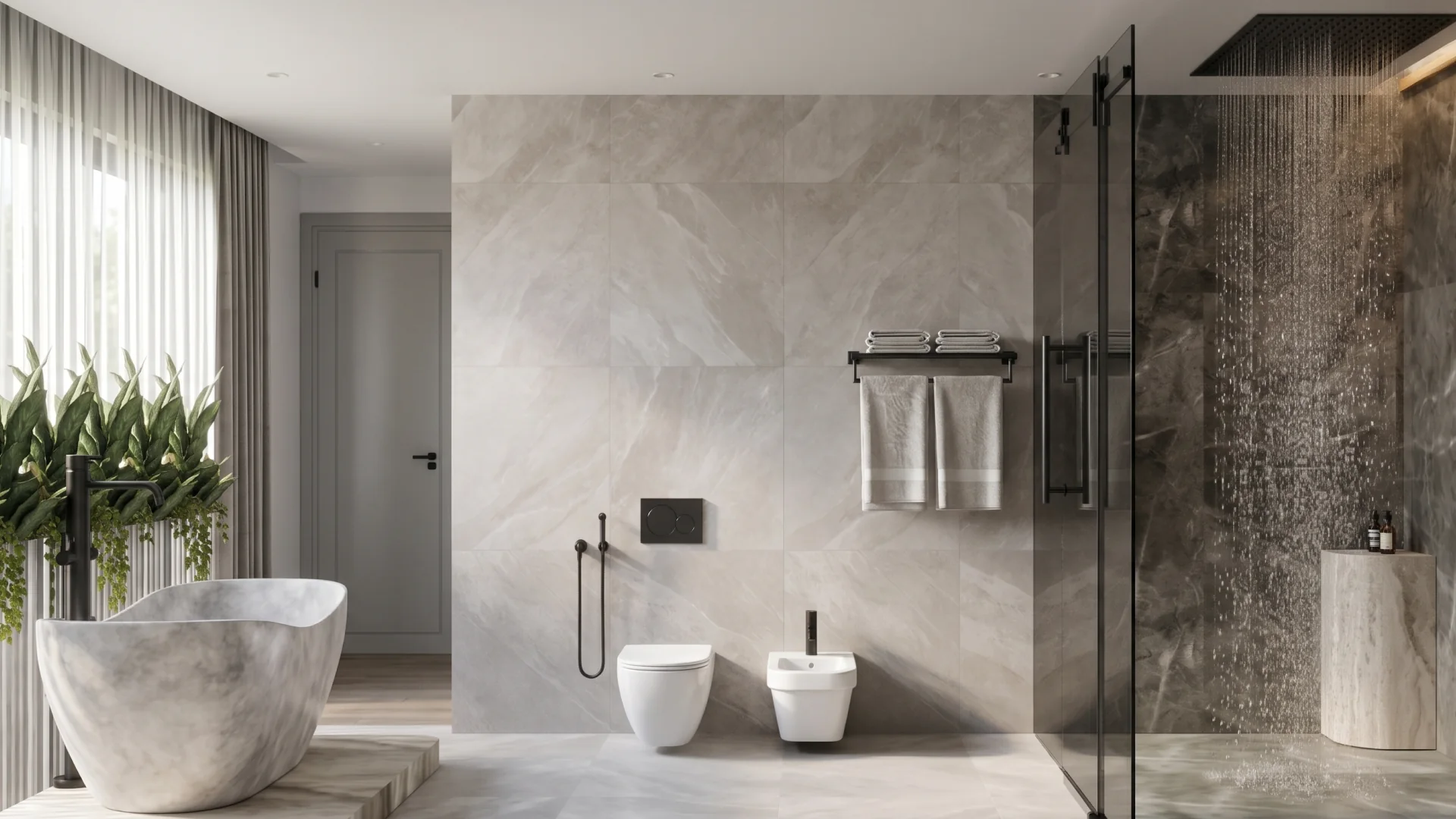 Modern Home bathroom: carved stone bath before a grey stone wall, wall-hung WC and black towel rail.