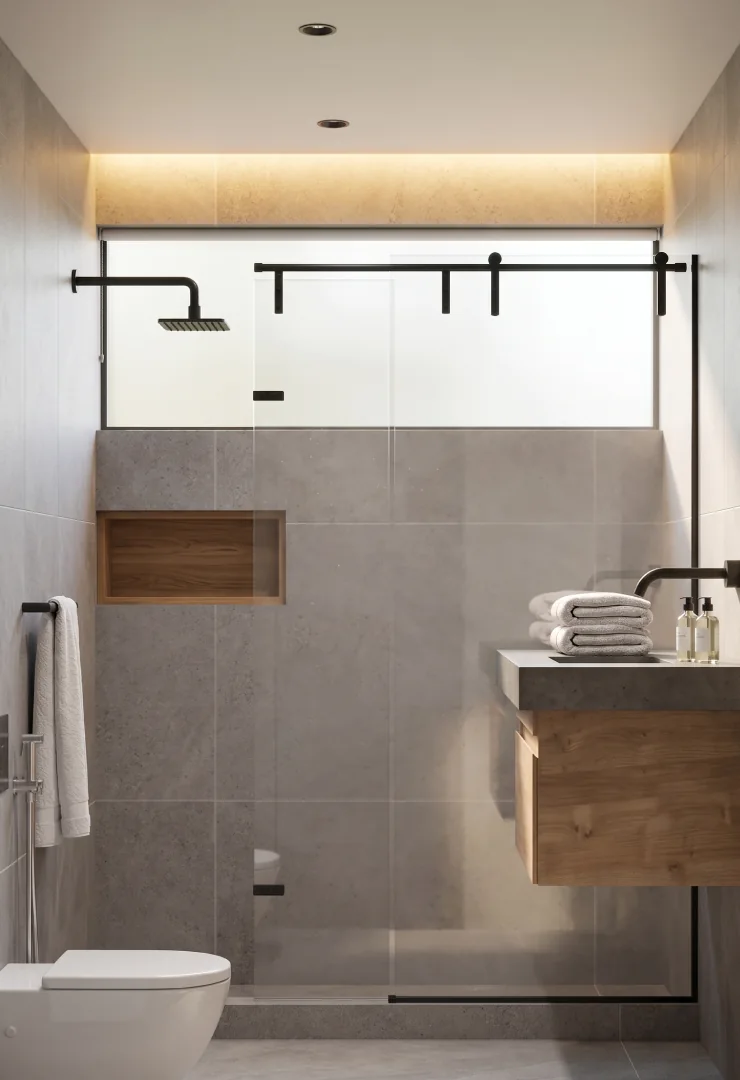 Modern Home shower room: black-framed glass shower, grey stone tile and a floating walnut vanity.