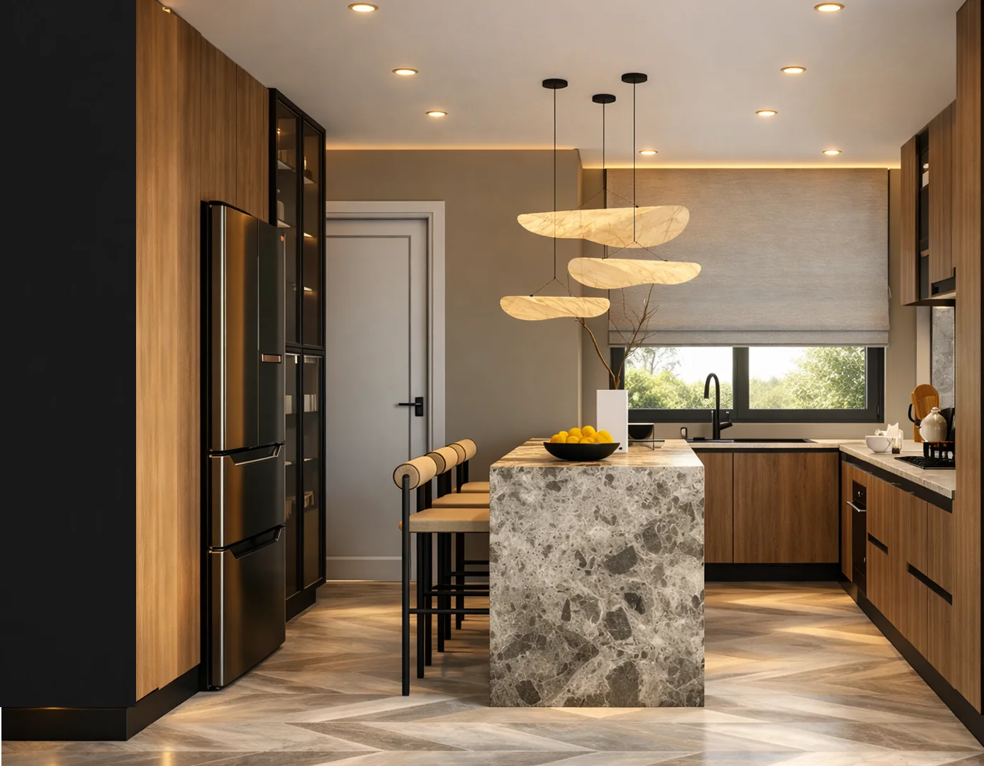 Pent Home kitchen: terrazzo island and timber stools beneath sculptural pendants, walnut cabinetry on both sides.