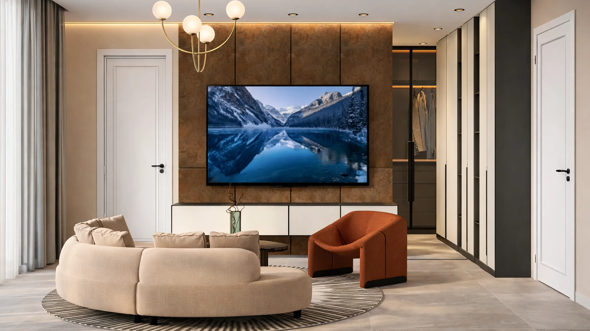 Pent Home living room: curved cream sofa and a rust lounge chair before a walnut-clad media wall.