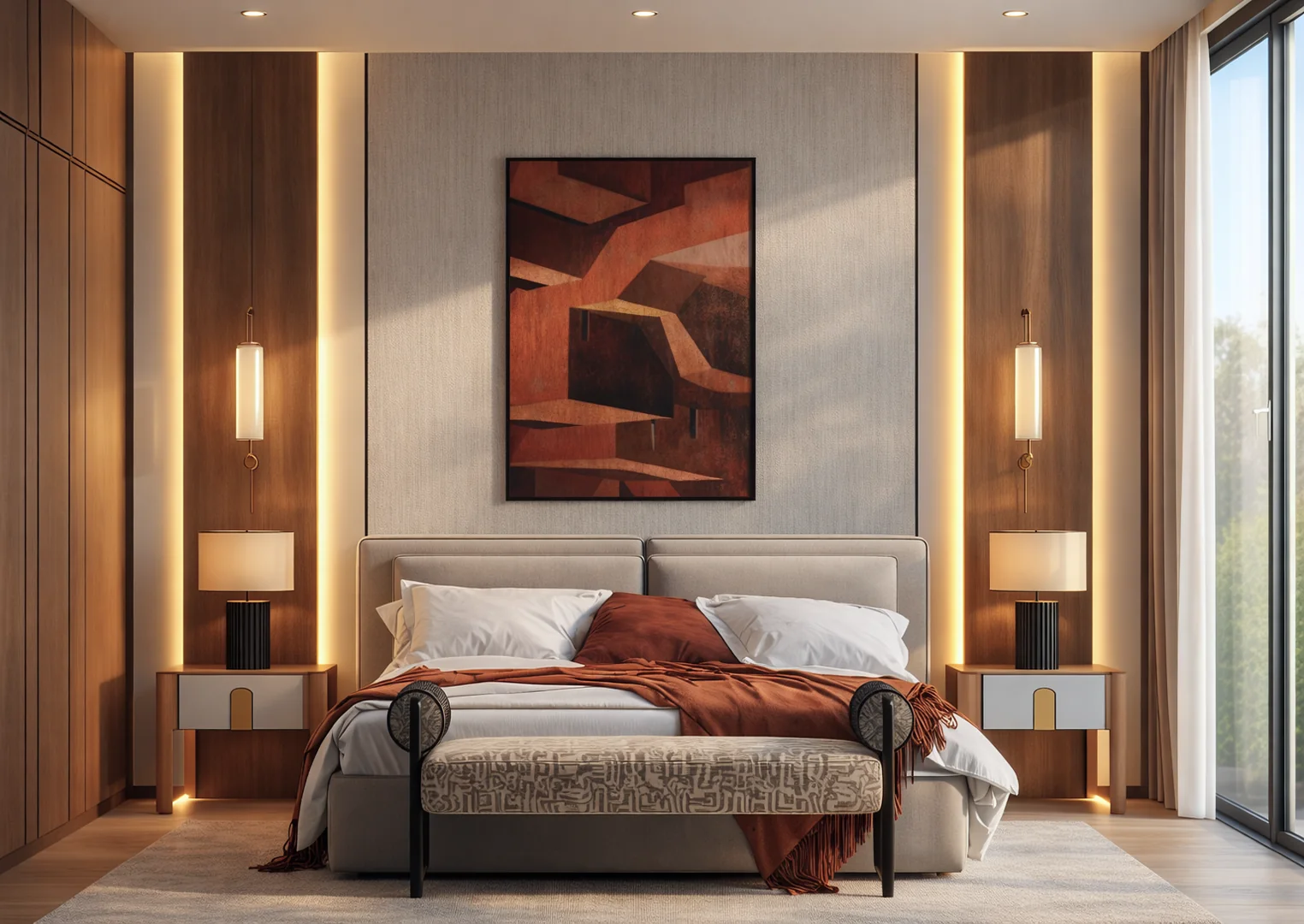 Pent Home bedroom: upholstered bed between walnut panels and warm wall lights, a rust-toned painting above.